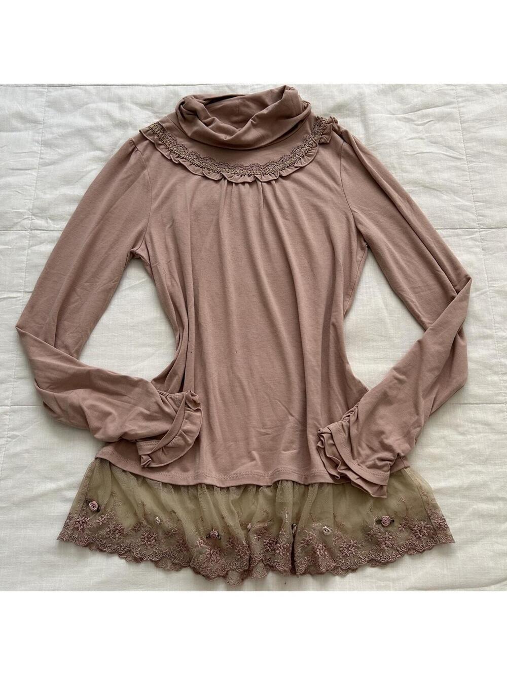 Axes Femme Blush Pink Layered Lace Turtleneck Top Size M Japan